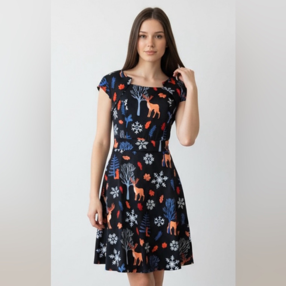 HOMRAIN Dress Reindeer Black Orange Fall Fit Flair Stretch Snowflake Holiday